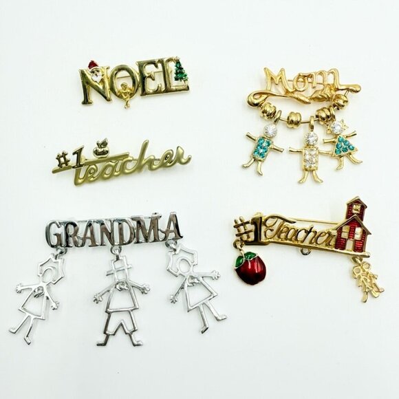 Vintage Grandma Teacher Mom Noel Dangle Brooches Lot KIS - Picture 1 of 10